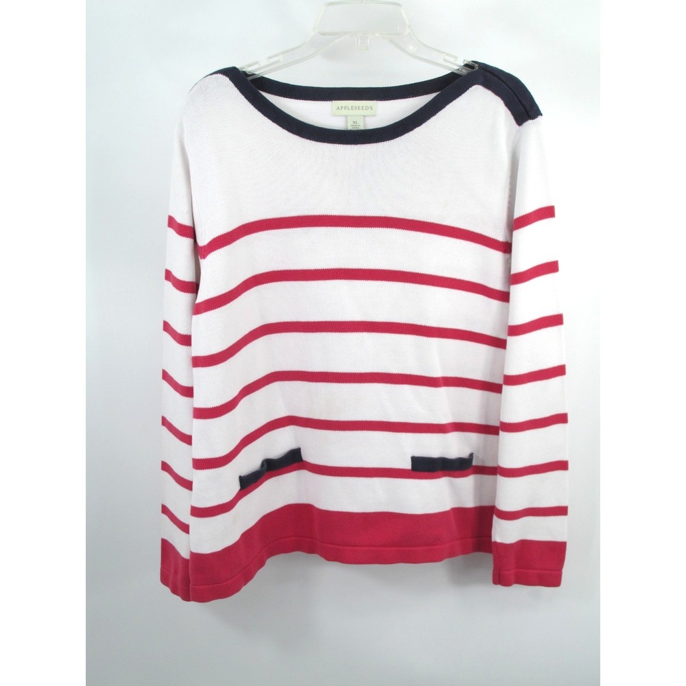 Appleseed's Women XL White Red Striped Nautical Boat Neck Cotton Sweater